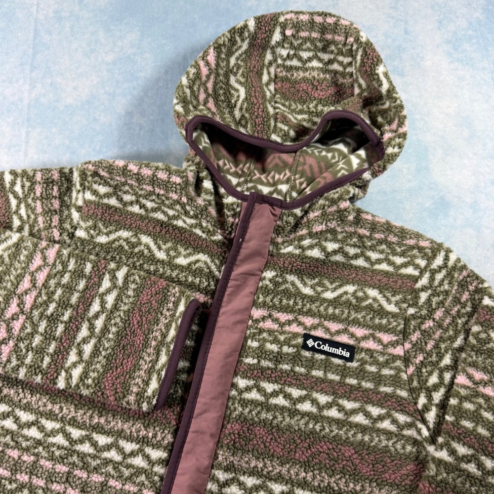 Columbia Fleece Hoodie Girls XL Green Pink Excellent Southwest Full Zip XY2744